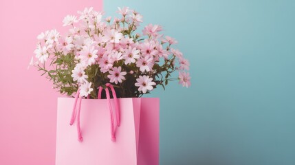 Obraz premium Bouquet of flowers in pink shopping bag on pink background