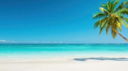 Tropical island beach with clear turquoise waters, coconut palms swaying in the breeze