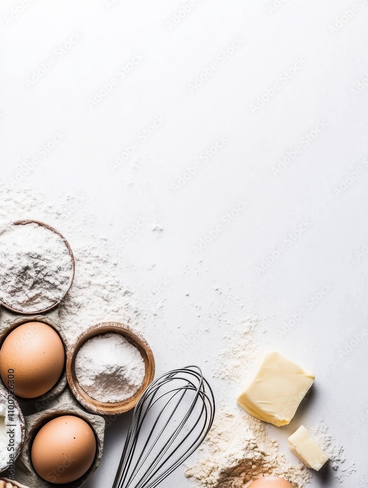 Aufkleber baking essentials include flour, eggs, whisk, and butter neatly arranged, offering a blank space for