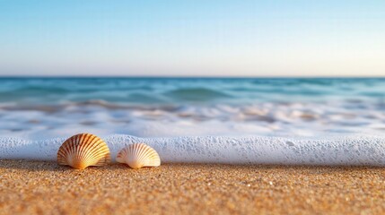 Obraz premium Waves gently washing over seashells on the shore, soft pastel colors of early morning