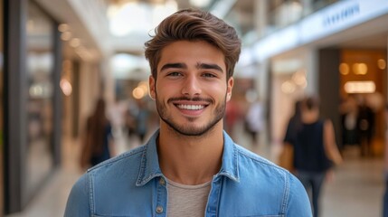 Obraz premium Capturing a Confident Young Man in a Bustling Shopping Center