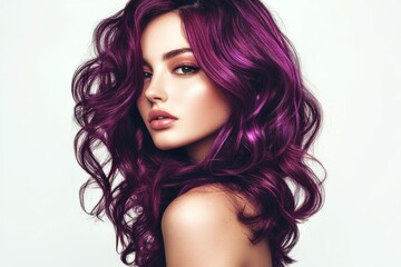 Naklejka premium A stunning woman showcases her vibrant purple curly hair against a clean white backdrop. 