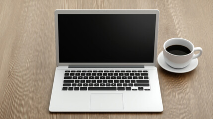 Fototapeta premium Open laptop with blank screen and coffee mug on wooden desk for productivity