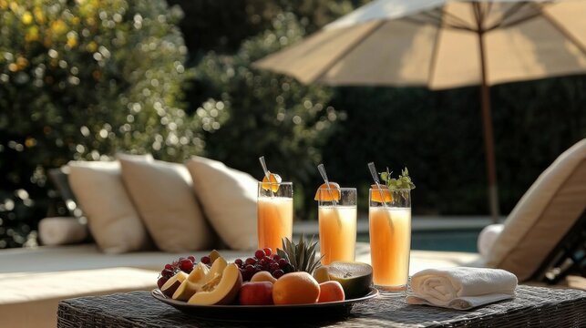 The perfect setting for leisure: a country club terrace overlooking the pool.