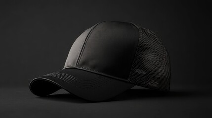 Blank trucker hat mock up isolated on black background. Cap mockup