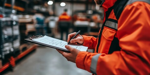 Safety officer performing a thorough safety audit in a factory setting.