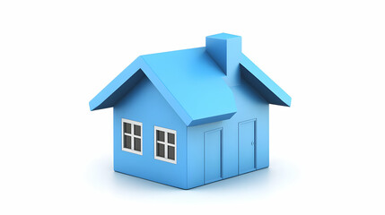 Simple light blue 3D model of a house with a chimney, two windows, and a door, isolated on a white background.