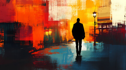 Evocative figure in urban setting: a social commentary. Expressionism. Illustration