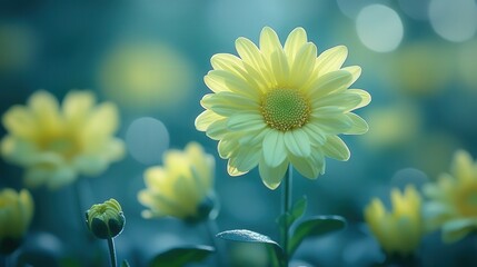 Vibrant yellow daisy blossom in dreamy soft focus garden setting