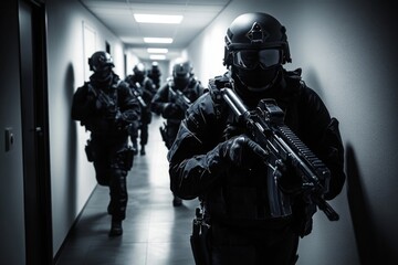 Emergency response teams conduct a controlled evacuation in a school. 