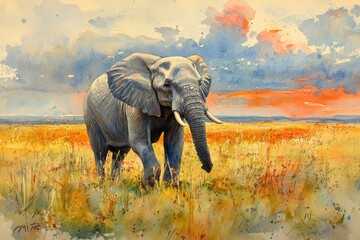African Elephant in Golden Grassland Sunset Scene