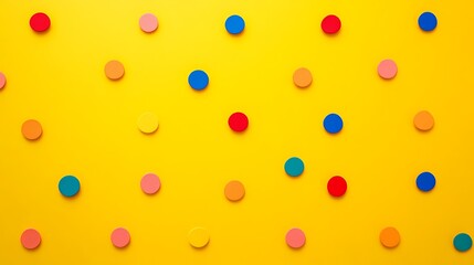 Colorful polka dot pattern on bright yellow background creating a playful and vibrant atmosphere