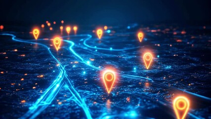 A glowing digital map with futuristic roads, milestones, and markers, symbolizing a roadmap to digital transformation in business. The concept is sleek and modern digital