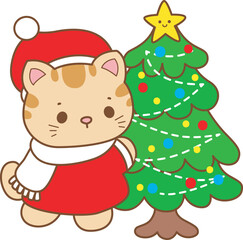 Illustration of cute kitty Christmas icon.
Funny Christmas cat in daily activities elements.
