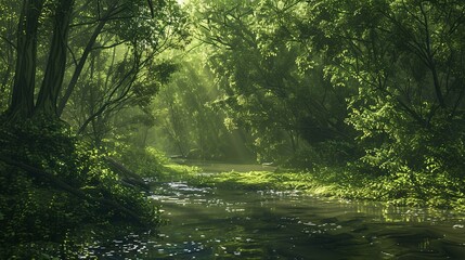 Fototapeta premium A dense, green forest with towering trees, a river winding through the...