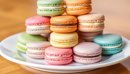 Fototapeta premium Whimsical Tower of Delight A Vibrant Stack of Pastel Macarons Showcasing Sweet Elegance and Colorful Charm.