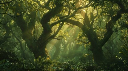 A dense, misty forest with tall, ancient trees, their branches intertwined to...