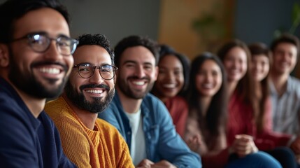 Fototapeta premium Colleagues from various backgrounds smiling together at a workplace event.