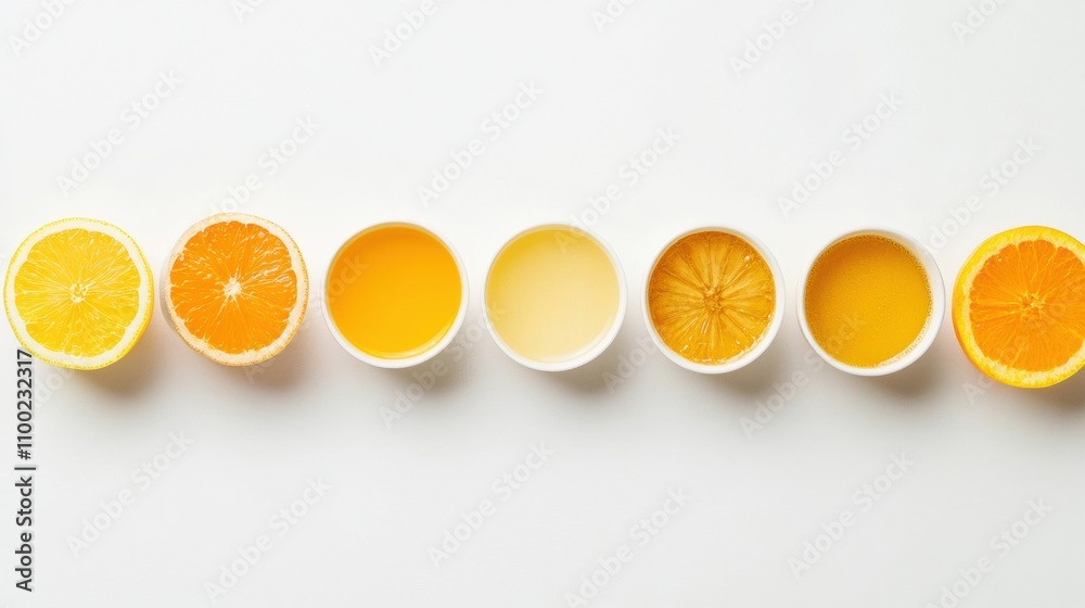 Poster fresh oranges and different styles of orange beverages are arranged in a straight line on a clean, b