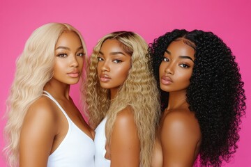 Three beautiful African American hair models wearing lace front wigs with different textures and long styles in white tank tops