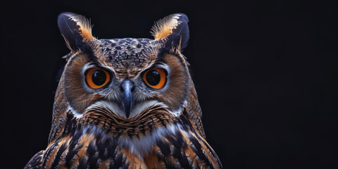 Obraz premium owl on a black background close-up portrait Generative AI