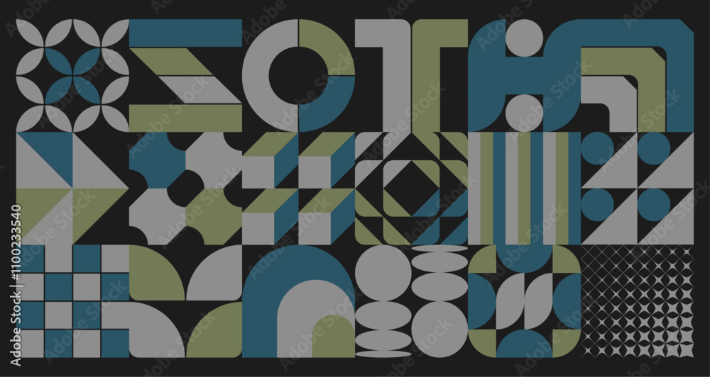 Wall mural modernist banner with geometric shapes and architectural elements arranged in the style of a constru
