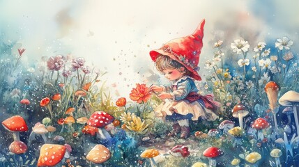 Cute little girl gnome spirit in Spring garden with flowers