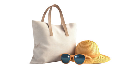 A stylish tote bag accompanied by a sun hat and sunglasses, ideal for beach outings or sunny days.