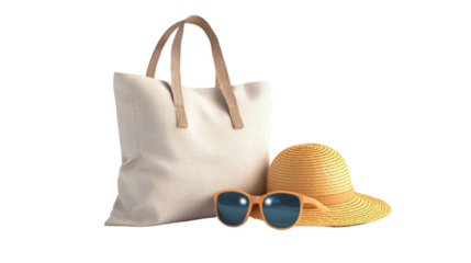 A stylish tote bag accompanied by a sun hat and sunglasses, ideal for beach outings or sunny days.