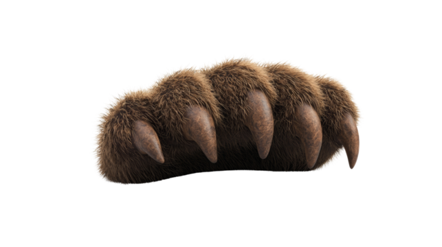 A close-up of a furry animal paw showcasing prominent claws.