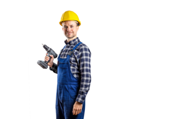 Smiling builder with a hard hat holding a cordless screwdriver isolated from background