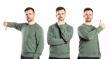 Same person showing gestures of approval, disapproval and consideration isolated from background