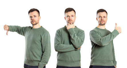 Same person showing gestures of approval, disapproval and consideration isolated from background