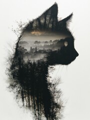 Fototapeta premium Cat silhouette with forest and cityscape overlay art