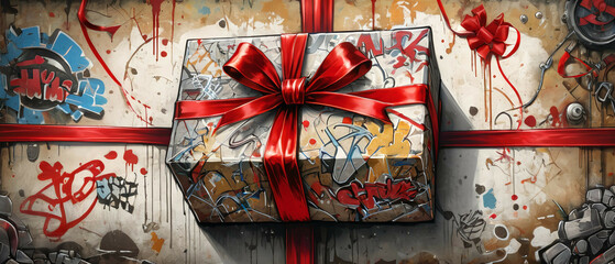 Fototapeta premium A Christmas gift box adorned with a red ribbon, depicted in a graffiti style.