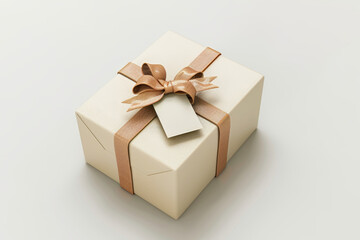 Fototapeta premium Elegant gift box with ribbon and blank tag on neutral background
