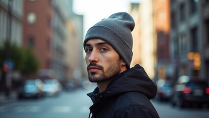 Urban backdrop featuring a man wearing beanie mockup, with soft lighting highlighting the beanie's plain design for branding purposes.