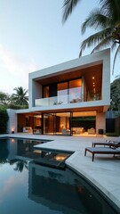 Fototapeta premium Modern Luxury Villa with Infinity Pool at Sunset, Tropical Landscape, Contemporary Architecture Photograph phone wallpaper