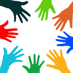 Obraz premium Hands up with different skin color. Index, middle, ring, little fingers and thumb. Colorful vector illustration. Circle