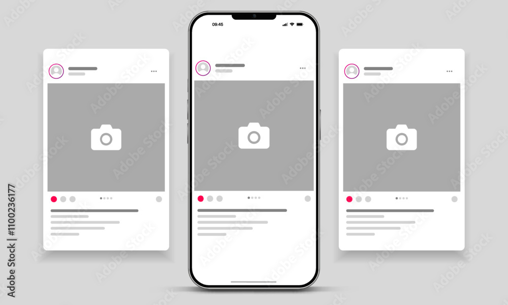 Poster social media carousel post template mockup. mobile app interface with blank pictures, editable posts