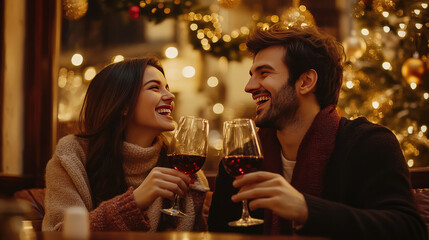 Date at a Christmas restaurant. Young couple having fun with glasses of wine in a Christmas restaurant.