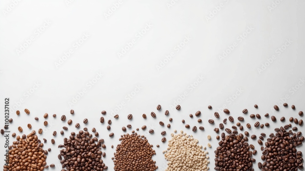 Poster Various coffee beans are displayed on a white background, highlighting their unique colors and textures, with room for more info. Generative AI