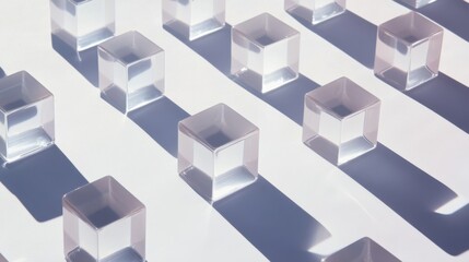 Obraz premium Conceptual image of fairness with a minimalist grid of evenly spaced, transparent cubes casting uniform shadows in a simple setting, Photo of