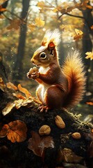 Obraz premium a cut squirrel is eating a nut, background is forest