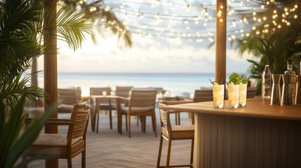 Obraz premium Tropical Beach Bar Cocktails with Ocean View at Sunset