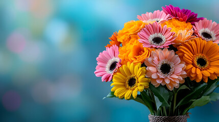 Fototapeta premium A vibrant bouquet of colorful gerbera daisies against a soft, blurred background, radiating beauty and cheerfulness.