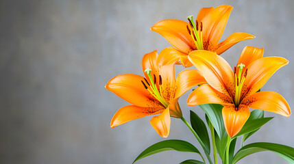Fototapeta premium A vibrant display of orange lilies against a soft gray background, showcasing the beauty of floral design and nature.