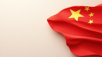 A vibrant Chinese flag flutters gracefully against a neutral background, showcasing its bold red color and distinctive yellow stars.