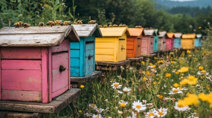 A row of colorful wooden bee hives are lined up in a field of flowers