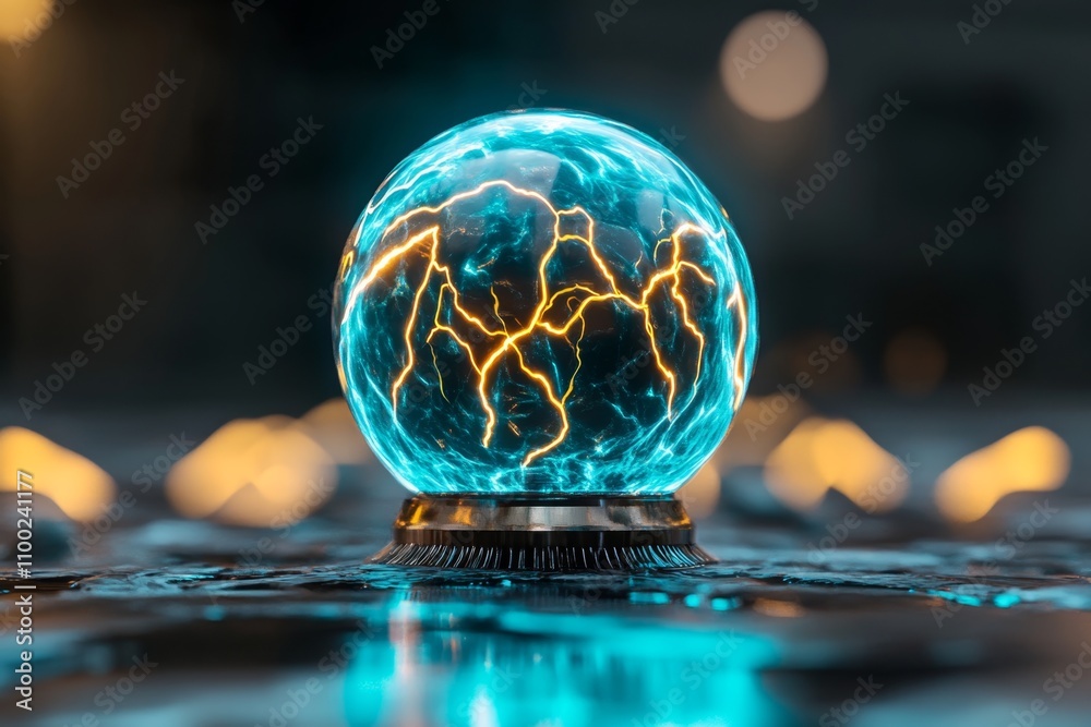 Poster A 3D rendering of a glowing futuristic orb surrounded by dynamic energy waves, symbolizing power and awe